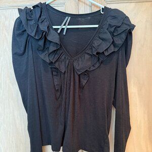 Anthropologie Double Ruffle Long Puff Sleeve T-shirt Women's Top XS Black